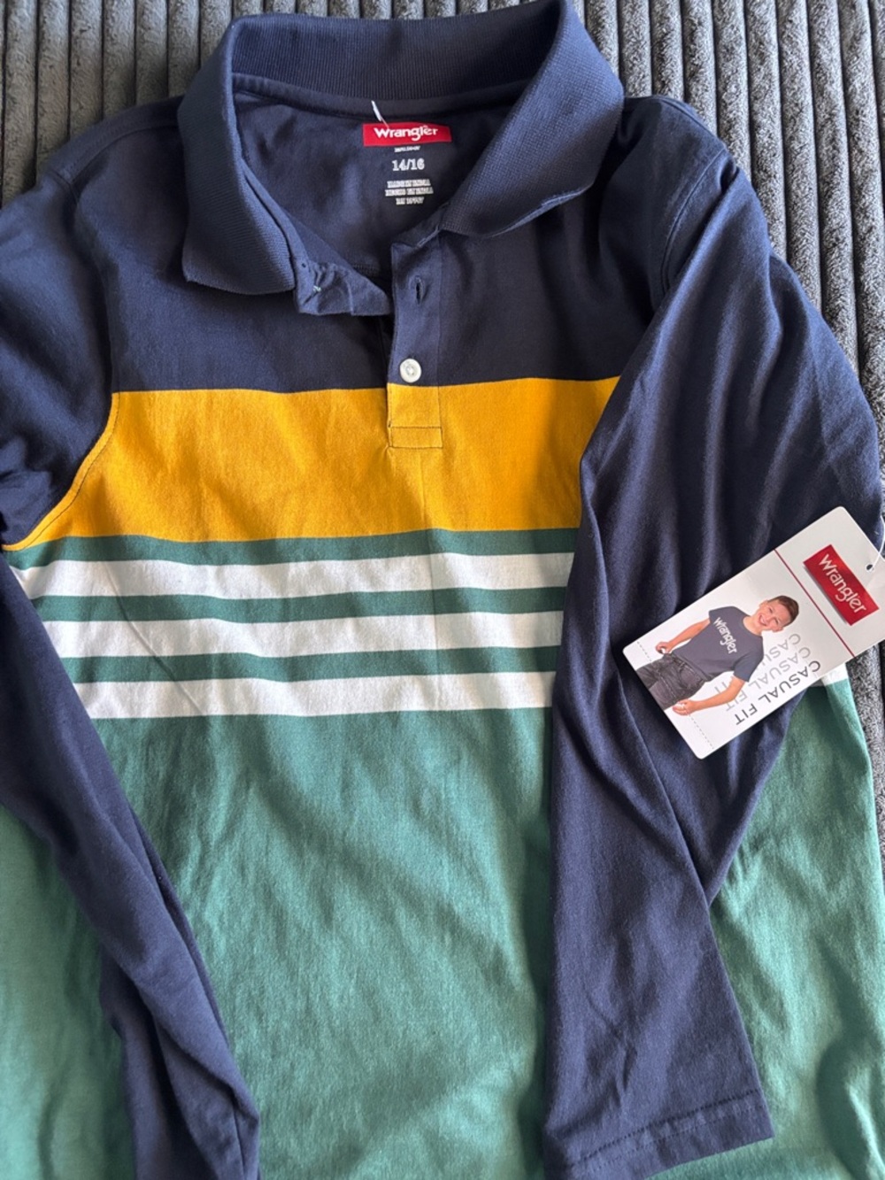 Wrangler Boys' Long Sleeve Polo - Navy, Yellow & Teal Stripe